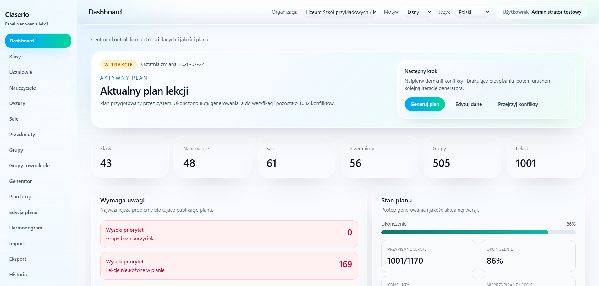Dashboard Claserio ze statystykami i stanem przygotowania planu